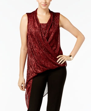 Alfani Asymmetrical-Hem Faux-Wrap Tunic Top Banner Red L