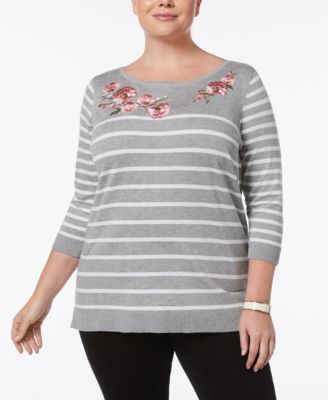 Karen Scott Plus Size Embroidered Striped Smoke Grey Heather 2X