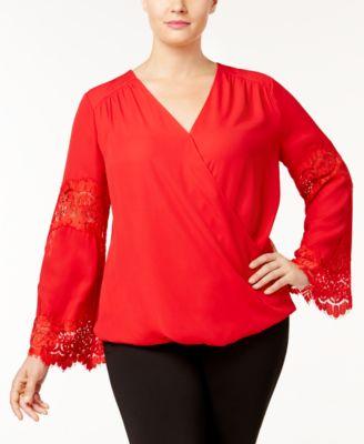 INC International Concepts Plus Size Surplice-Neck Lace-I Real Red 3X