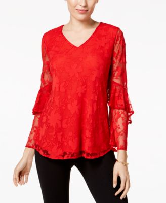 Alfani Petite Lace Ruffled-Sleeve Top Red PS