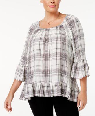 Style Co Plaid Ruffled High-Low Hem Top Canopy Ivory 0X