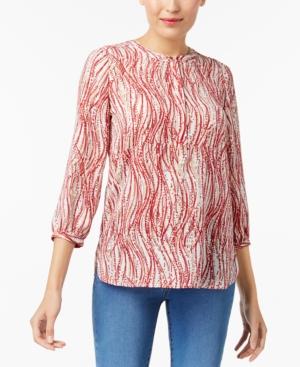 JM Collection Printed Pleated-Back Blouse New Red Sequin Party L