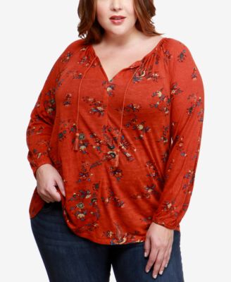 Lucky Brand Trendy Plus Size Peasant Top Rust Multi 1X