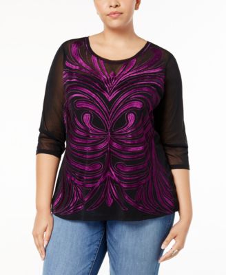 INC International Concepts Plus Size Illusion-Sleeve Embr Purple Paradise 2X