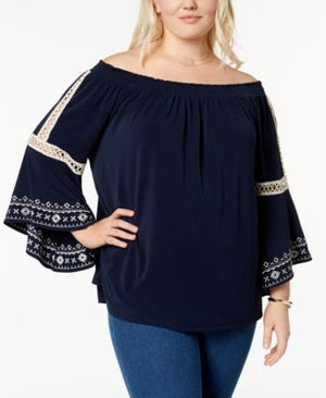 Style Co Plus Size Bell-Sleeve Embroide Industrial Blue 1X