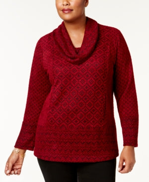 Style Co Plus Size Jacquard Cowl-Neck S Geo Jaquard Cranberry 3X