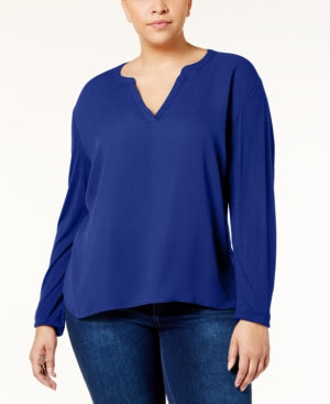 INC International Concepts Plus Size Split-Neck Top Bright Blue 0X