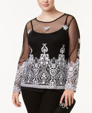 INC International Concepts Plus Size Embroidered Mesh Top Deep Black 0X