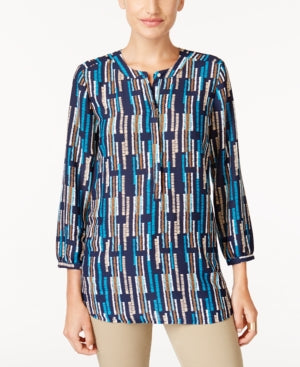 JM Collection Printed Pleated-Back Blouse Teal Iconic Lines L