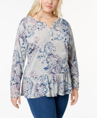 Style & Co. Womens Plus Floral Printed Ruffled Hem Henley Top, Sketchbook