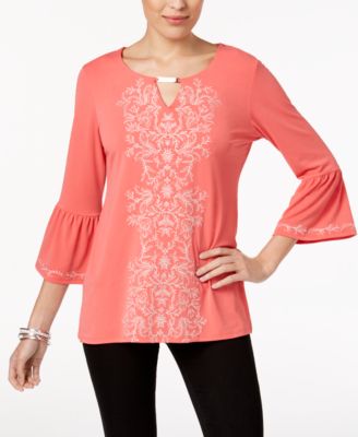 JM Collection Embroidered Keyhole Tunic, Cre Coral XL