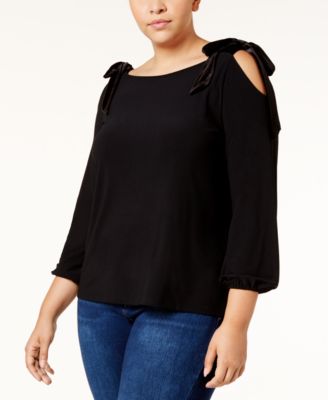 INC International Concepts Plus Size Velvet-Trim Cold-Shoulder Top, Deep Black 3X