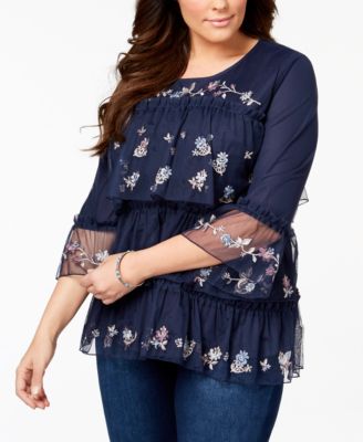 Style & Co Plus Size Tiered Embroidered Mesh Top, Folk Blue