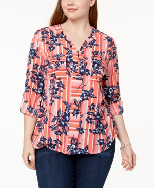 NY Collection Plus Size Printed Utility Top Coral Ironstripe 2X