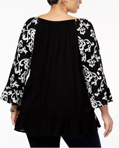 INC International Concepts Plus Size Printed Ruffle Top, Deep Black 1X