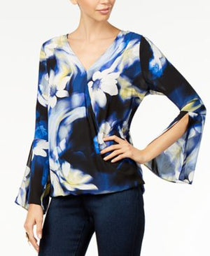 Thalia Sodi Printed Bell-Sleeve Top, Blue Petals XXL