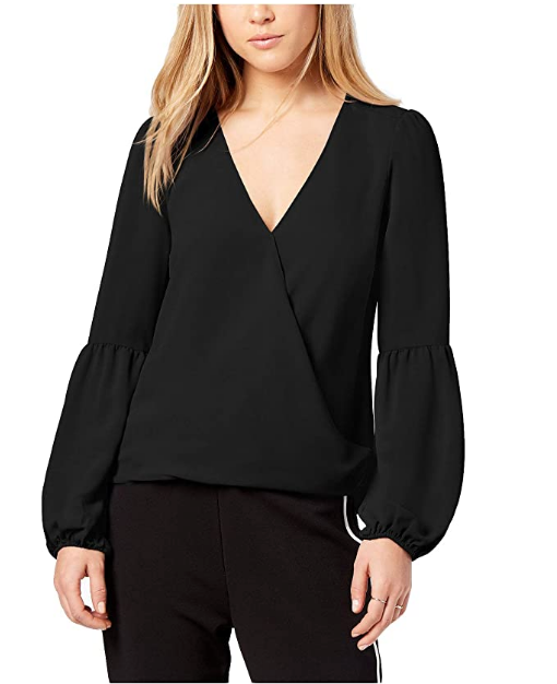 Bar III Blouson-Sleeve Surplice Top, Deep Black XL