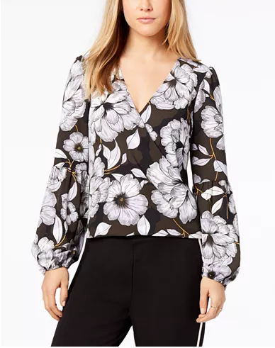 Bar III Printed Blouson-Sleeve Surplic Dream XS