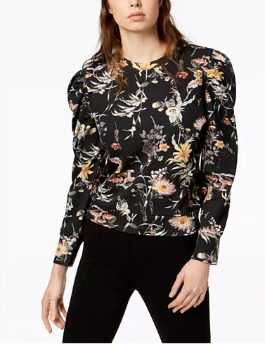 Bar III Womens Floral-Print Puffed-Sleeve Sweatshirt Black