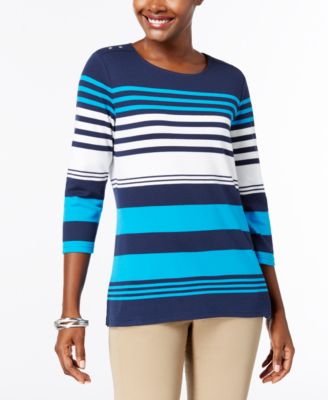 Karen Scott Striped Three-Quarter-Sleeve Top Intrepid Blue Multiple Sizes