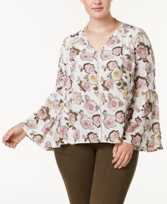 INC International Concepts Plus Size Printed Bell-Sleeve Pretty Peony MEDIUM