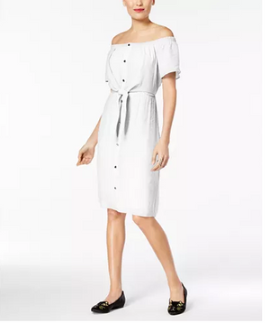 Thalia Sodi Off-The-Shoulder Tie-Waist Dress Bright White M