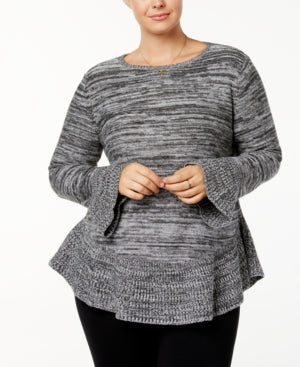 Style & Co. Plus Marled Bell Sleeves Pullover Sweater, Light Grey Heather/Black 3X