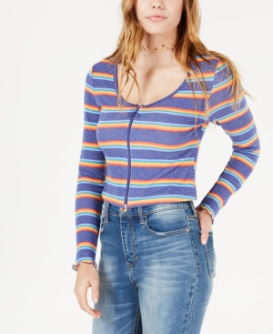 Self Esteem Juniors' Striped Zip-Front Crop Top Size L