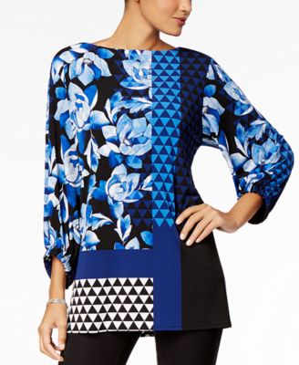 Alfani Mixed-Print Tunic Top Blue Combo M