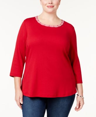 Karen Scott Plus Size Cotton Braided-Trim Red 1X