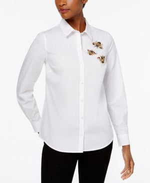Charter Club Petite Cotton Embellished Bee Shirt, Bright White 8P