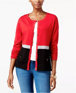 Karen Scott Petite Colorblocked Cardigan New Red Amore PM