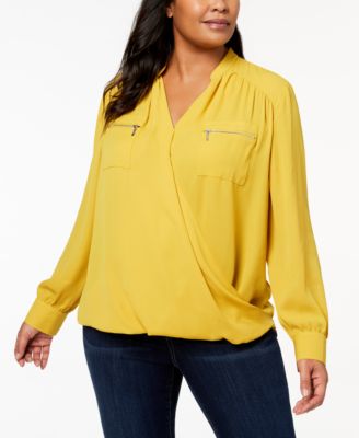 INC International Concepts Plus Size Zip-Pocket Surplice Blouse, Polished Gold 1X