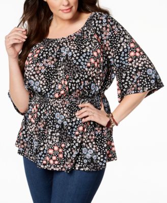 Style & Co Plus Size Printed Off-The-Shoulder Cinch-Waist Top, Vintage Fields 3X