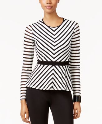 Thalia Sodi Miter-Striped Peplum Top White/Black XXL