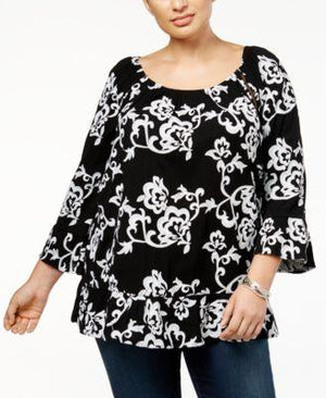 INC International Concepts Plus Size Printed Ruffle Top, Deep Black 1X