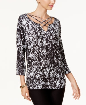 Thalia Sodi Lattice-Trim Top Dabbled Spots Black/White