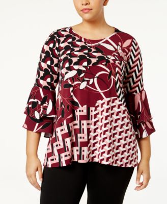 Alfani Plus Size Mixed-Print Ruffle-Sleeve Tunic Malbec Patchwork 2X