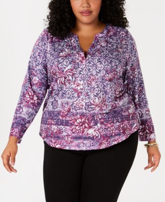 Style & Co Plus Size Printed Split-Neck Top Garden Mixup 1X