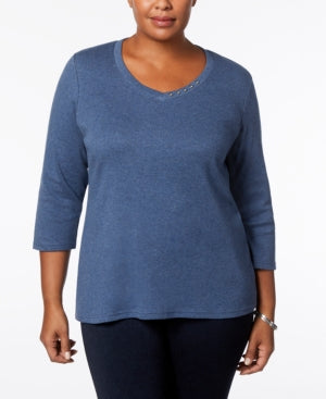 Karen Scott Plus Size Cotton Button-Trim V Heather Indigo 0X