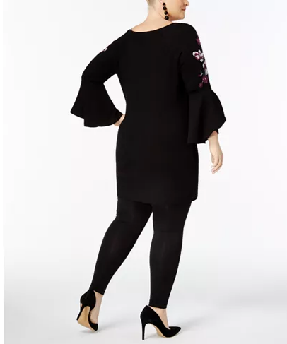 INC International Concepts Plus Size Embroidered Bell-Sle Deep Black 0X
