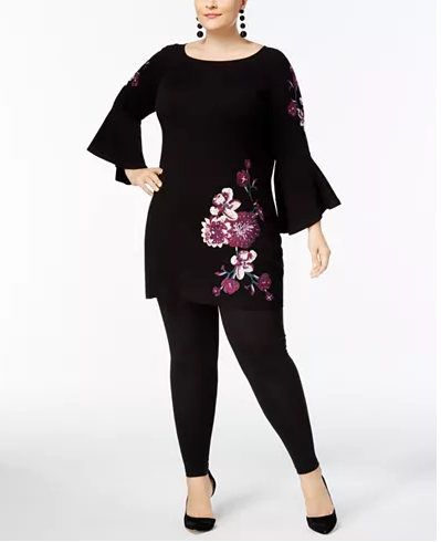 INC International Concepts Plus Size Embroidered Bell-Sle Deep Black 0X