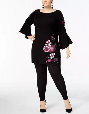 INC International Concepts Plus Size Embroidered Bell-Sle Deep Black 1X