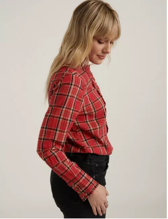 Lucky Brand Audrey Ruffle Plaid Tunic Shirt Size M